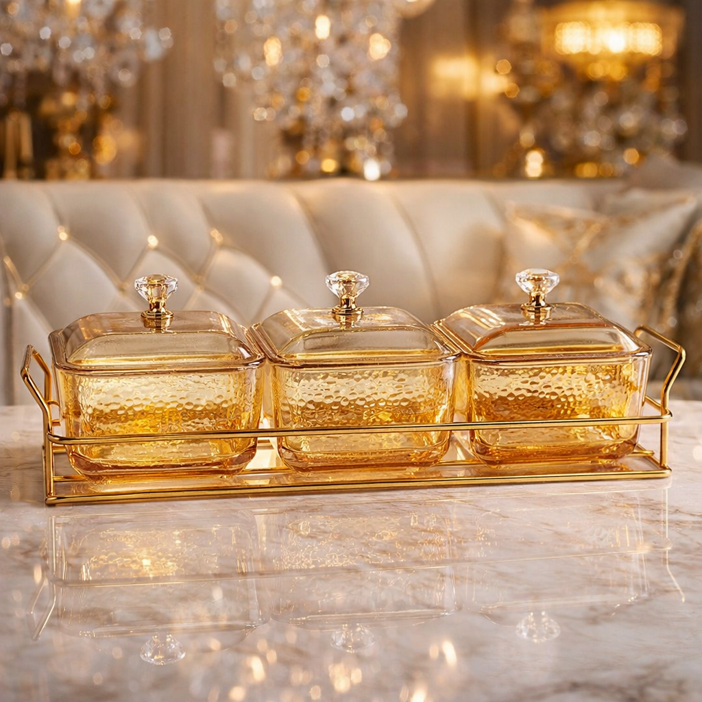 Luxury Amber Glass Condiment Jar Set with Gold Tray – 3-Piece Premium Serving Set