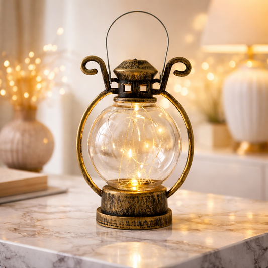 Luxury Vintage LED Glass Lantern – Warm Fairy Light Decorative Lamp