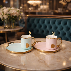 Luxury Heart-Shape Ceramic Coffee Mug with Gold Handle & Tray (1 Pc)