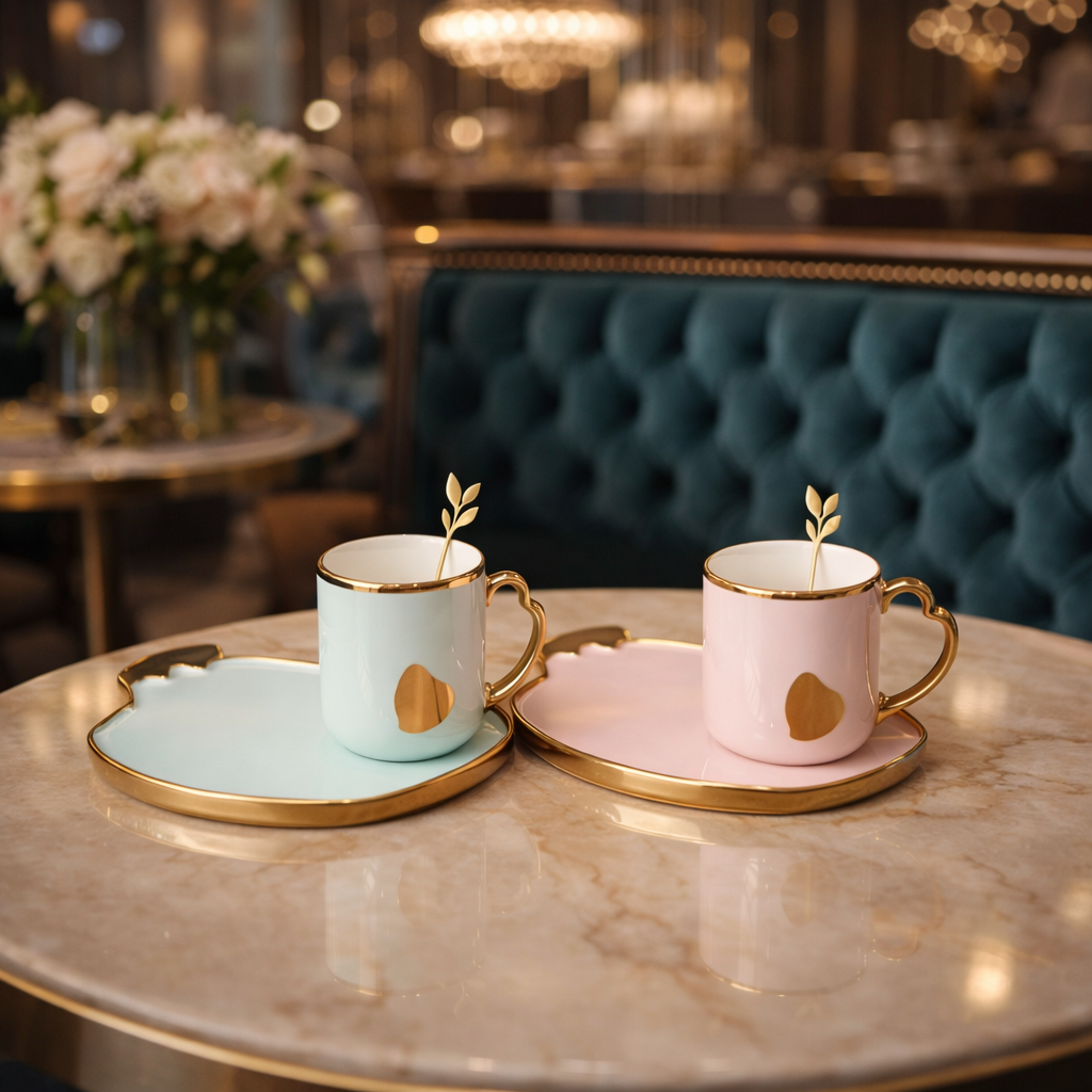 Luxury Heart-Shape Ceramic Coffee Mug with Gold Handle & Tray (1 Pc)