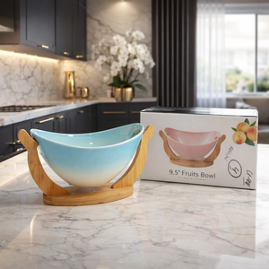 Luxury Ombre Ceramic Fruit Bowl with Wooden Stand – Elegant Kitchen & Dining Décor