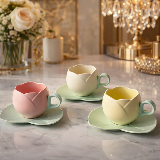 Luxury Tulip-Shaped Ceramic Tea Cup with Leaf Saucer – 1 Piece