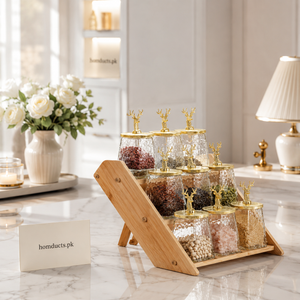 Luxury 9 Jar Glass Spice Rack with Bamboo Wooden Stand & Gold Lid Seasoning Organizer