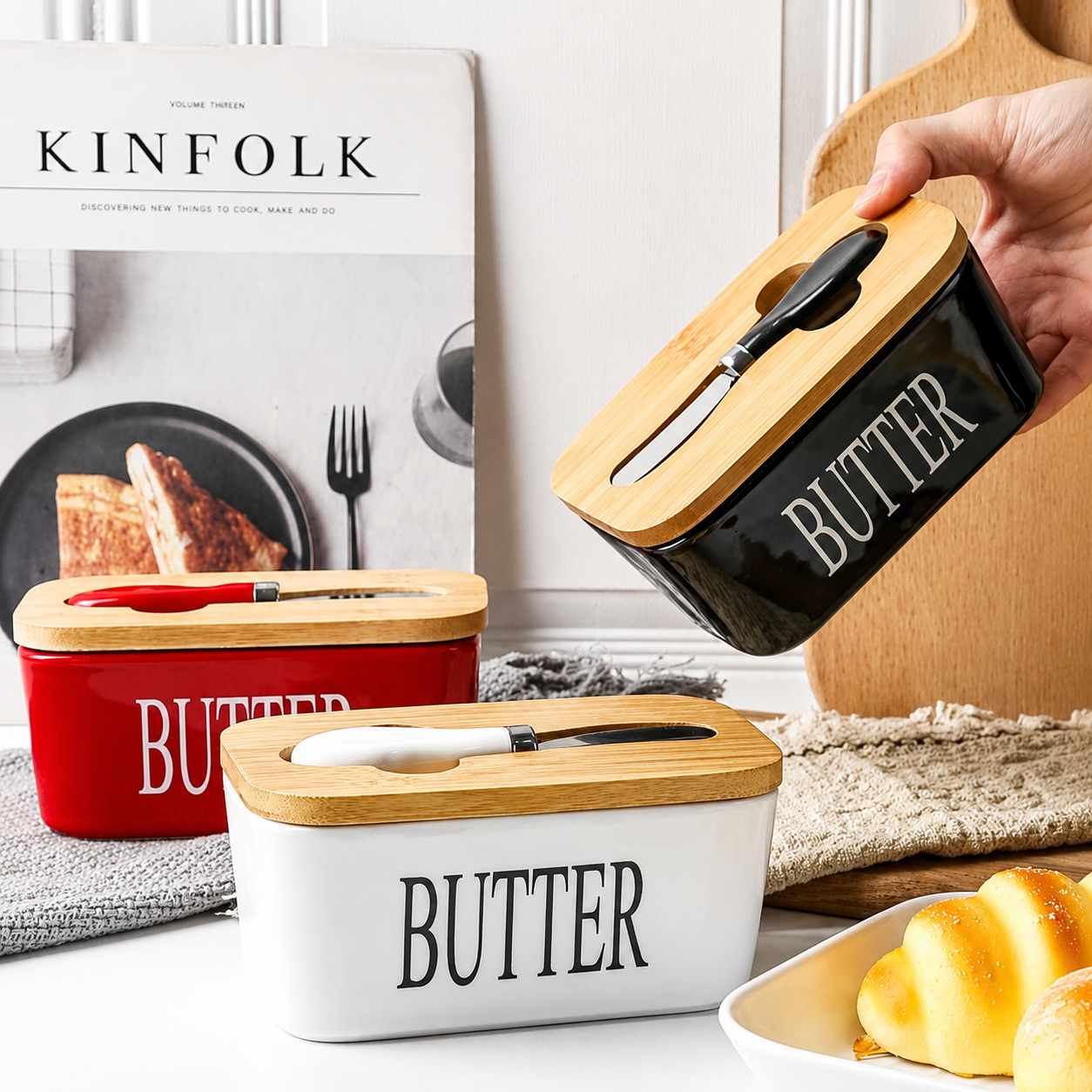 Ceramic Butter Dish with Wooden Lid & Knife Holder