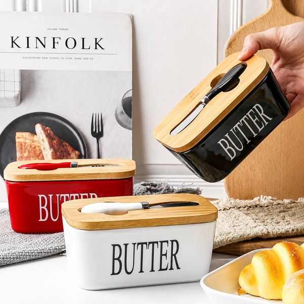 Ceramic Butter Dish with Wooden Lid & Knife Holder