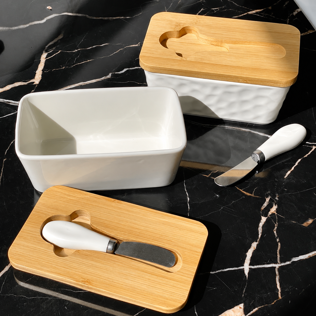 Ceramic Butter Dish with Wooden Lid & Knife Holder