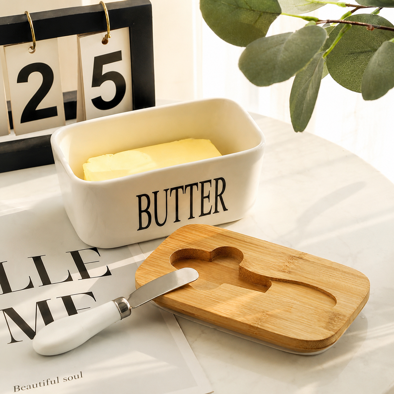 Ceramic Butter Dish with Wooden Lid & Knife Holder