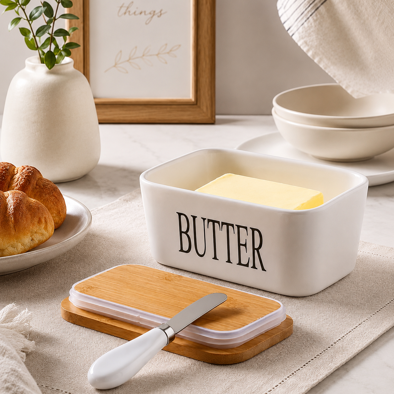 Ceramic Butter Dish with Wooden Lid & Knife Holder
