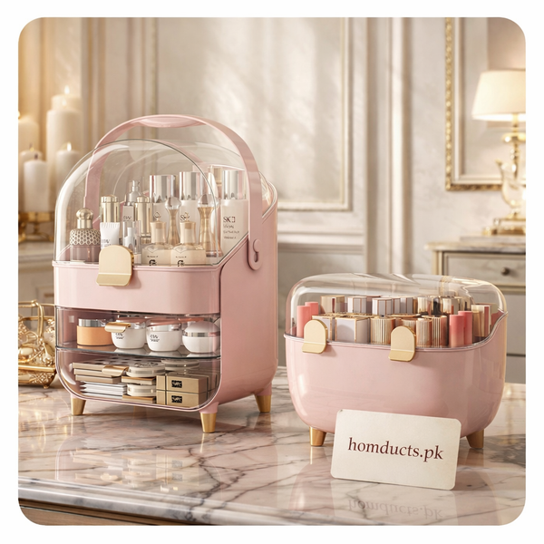 White-Gold Cosmetic Organizer with Dustproof Dome & Drawer Storage