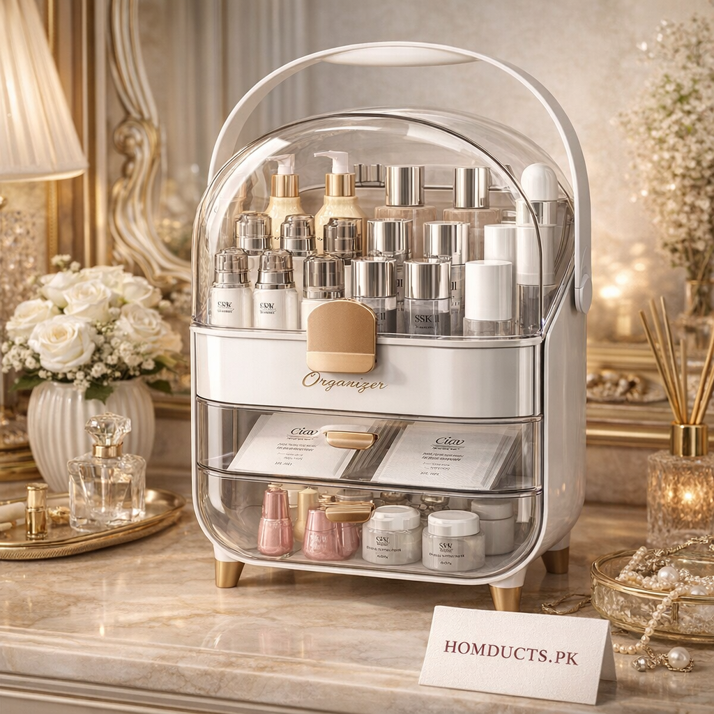 White-Gold Cosmetic Organizer with Dustproof Dome & Drawer Storage