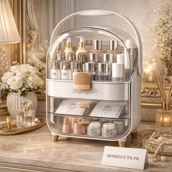 White-Gold Cosmetic Organizer with Dustproof Dome & Drawer Storage
