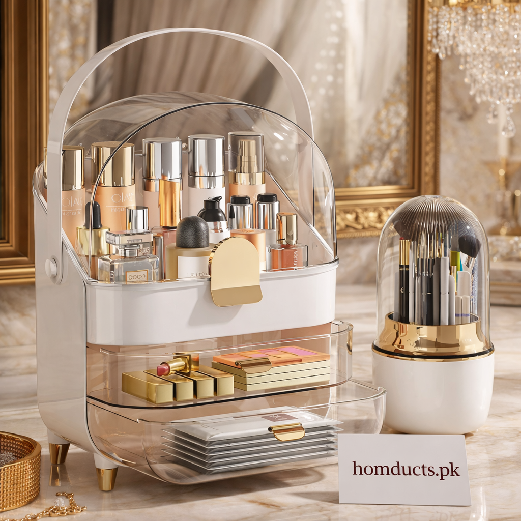 White-Gold Cosmetic Organizer with Dustproof Dome & Drawer Storage