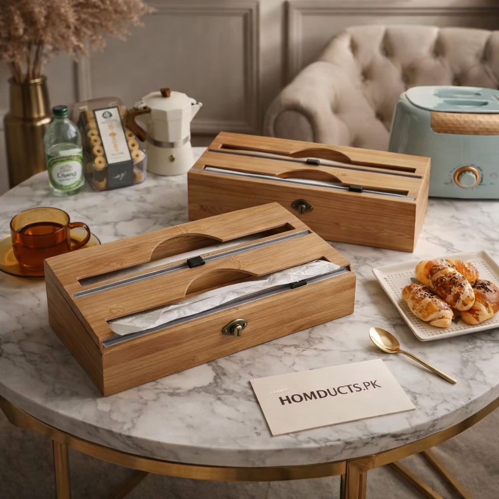 Bamboo Wrap Dispenser with Cutter – Plastic, Foil & Wax Paper Organizer for Kitchen Drawer or Wall Mount