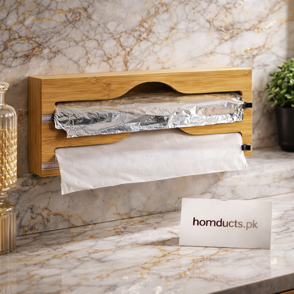 Bamboo Wrap Dispenser with Cutter – Plastic, Foil & Wax Paper Organizer for Kitchen Drawer or Wall Mount