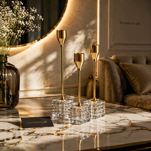Luxury Crystal Base Candle Stand Set – Premium Gold Metal Tall Candle Holders (3 Pieces) for Home Decor & Table Styling