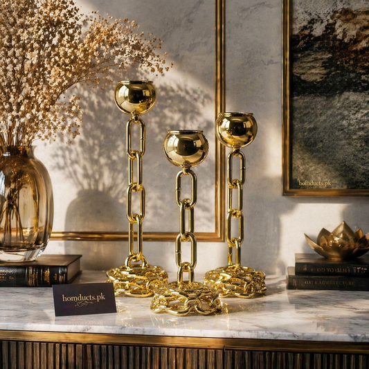 Luxury Chain Design Candle Stand Set – Modern Decorative Metal Candle Holders (3 Pieces)