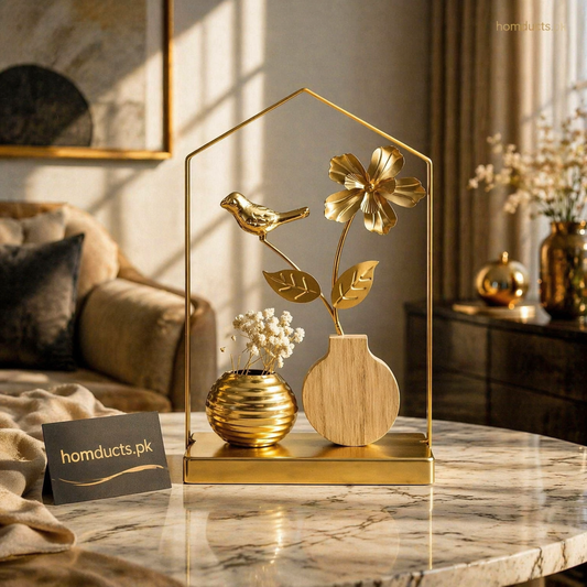 Luxury Golden Bird & Floral Frame Decor with Mini Vase Set – Elegant Tabletop Home Accent Piece