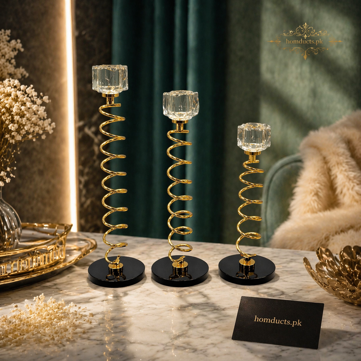 Luxury Crystal Spiral Candle Holder Set – Modern Decorative Metal Candle Stand for Home Décor (3 Pieces Set)