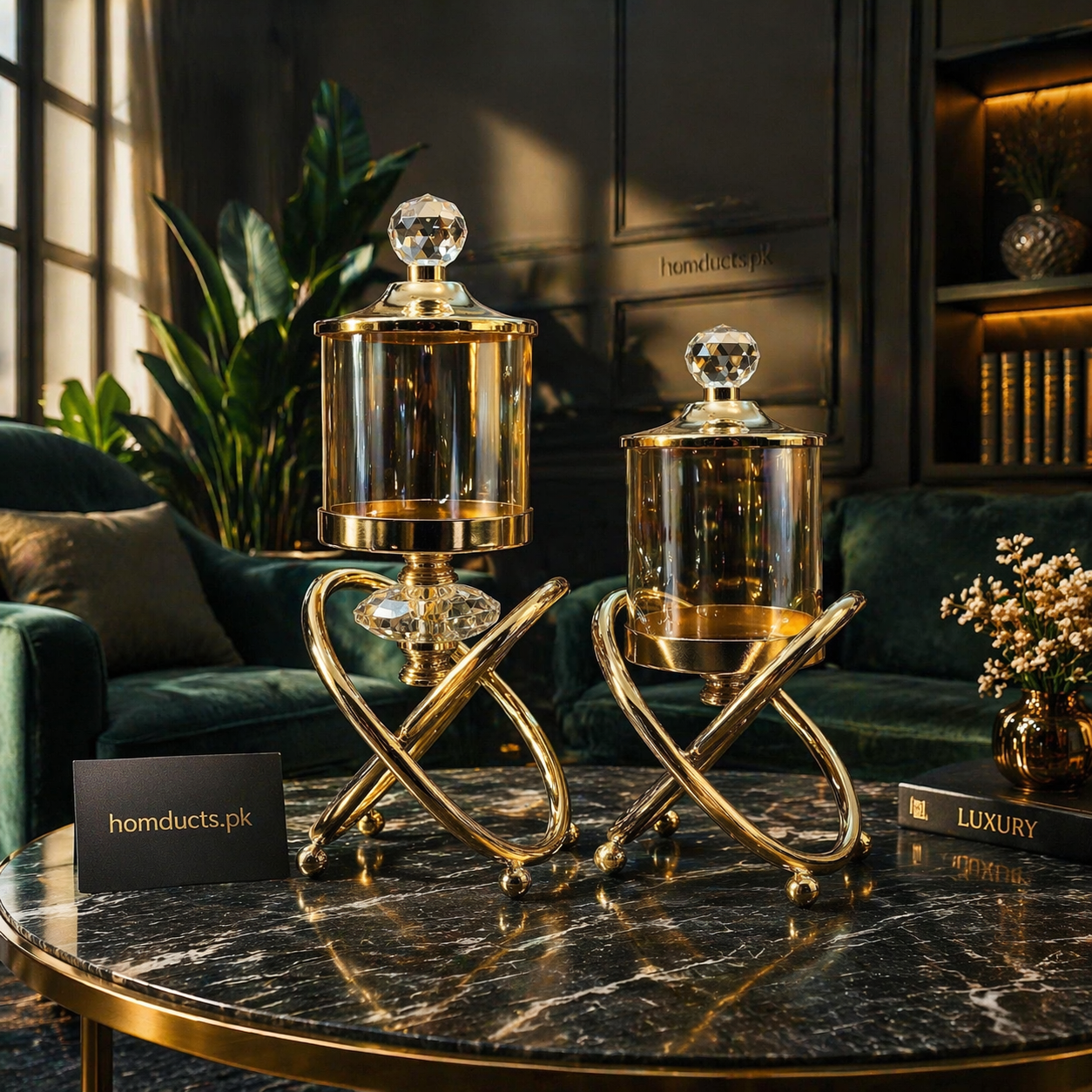 Luxury Crystal Glass Candle Holder Stand with Gold Base – Premium Decorative Lantern