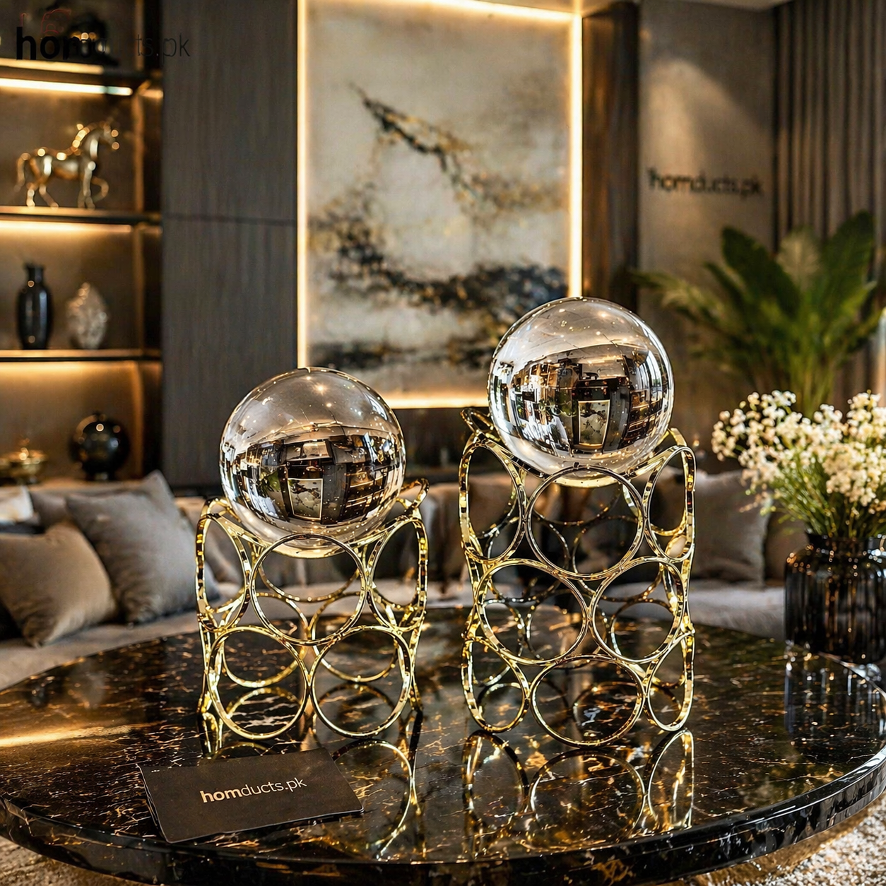 Luxury Crystal Sphere Decor with Geometric Metal Stand – Modern Tabletop Accent