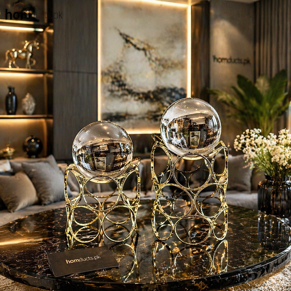Luxury Crystal Sphere Decor with Geometric Metal Stand – Modern Tabletop Accent