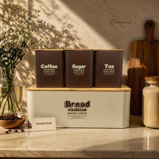 Luxury Metal Bread Box with Coffee, Sugar & Tea Canister Set – Premium Kitchen Storage Collection
