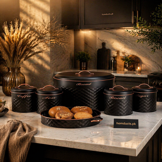 Luxury Embossed Bread Bin & Kitchen Storage Canister Set – Premium Airtight Tea, Coffee, Sugar & Biscuit Containers with Serving Tray
