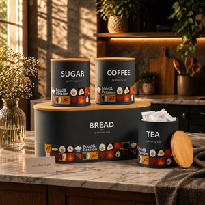 Premium Kitchen Storage Canister Set with Bread Bin – Coffee, Sugar & Tea Containers with Wooden Lids (4 Pcs Set)