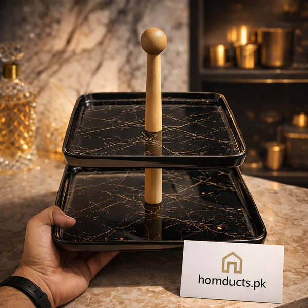 Luxury Black Marble 2-Tier Serving Stand with Wooden Handle – Premium Dessert & Tea Tray | Homducts.pk