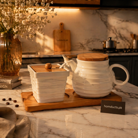 Luxury Ceramic Kitchen Storage Set with Wooden Lid & Serving Tray