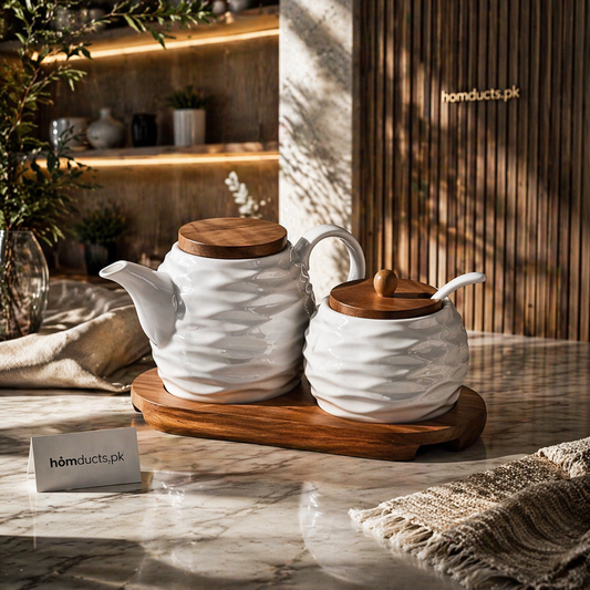 Luxury Ceramic Tea Pot & Sugar Jar Set with Wooden Lid & Tray
