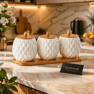 Luxury 3-Piece Ceramic Storage Jar Set with Wooden Lids & Tray – Kitchen Organizer Set