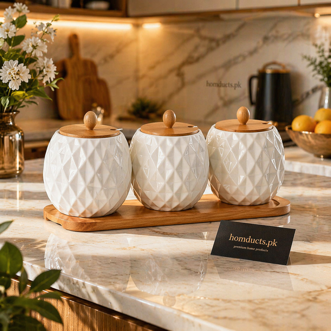 Luxury 3-Piece Ceramic Storage Jar Set with Wooden Lids & Tray – Kitchen Organizer Set