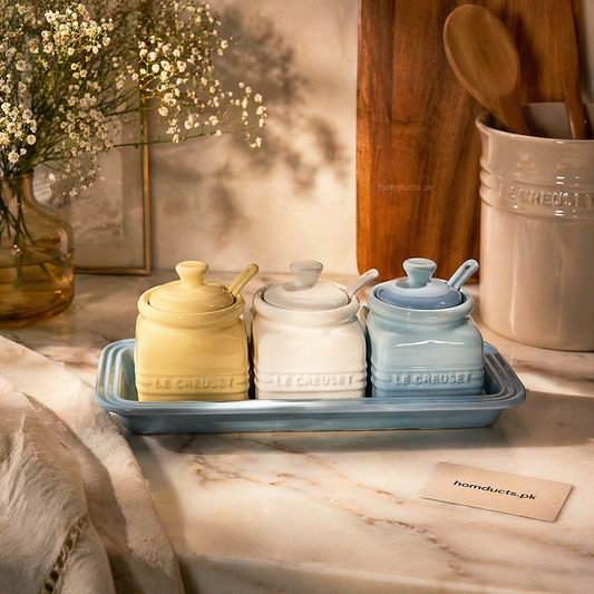 Luxury 3-Piece Ceramic Condiment Jar Set with Tray & Spoon – Premium Kitchen Storage Set