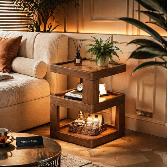 Luxury Multi-Tier Wooden Side Table with Storage Shelf – Modern Bedside Organizer & Living Room Accent Table