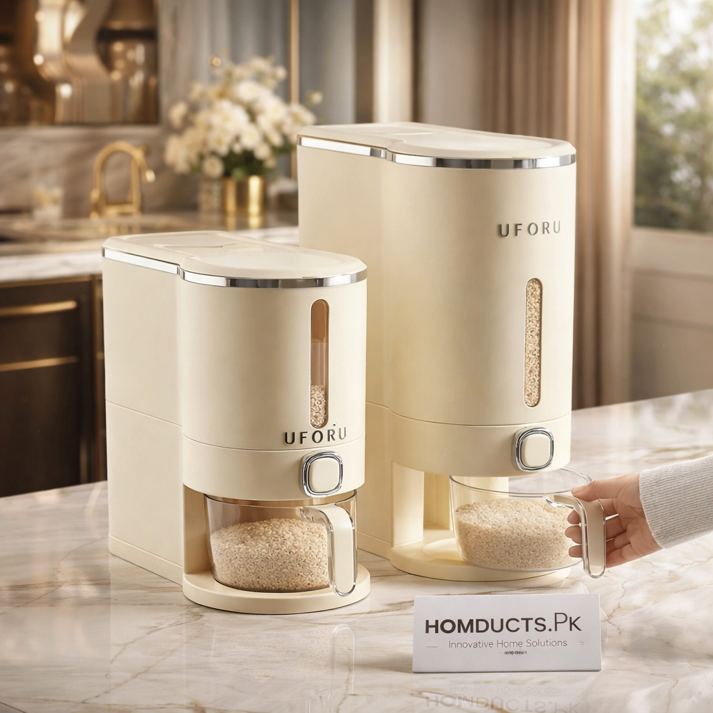 Rice Dispenser Container – Airtight Wall-Mounted Dry Food Storage with One-Touch Measuring Cup for Kitchen Pantry