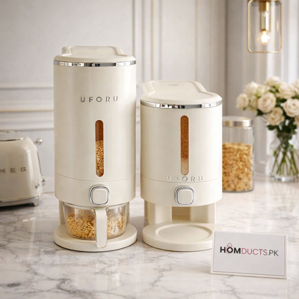 Rice Dispenser Container – Airtight Wall-Mounted Dry Food Storage with One-Touch Measuring Cup for Kitchen Pantry