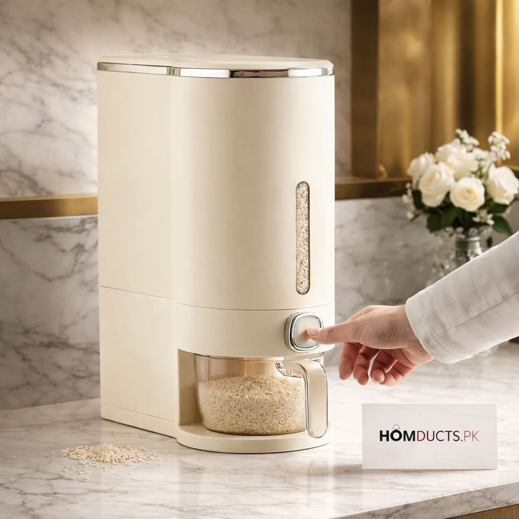 Rice Dispenser Container – Airtight Wall-Mounted Dry Food Storage with One-Touch Measuring Cup for Kitchen Pantry