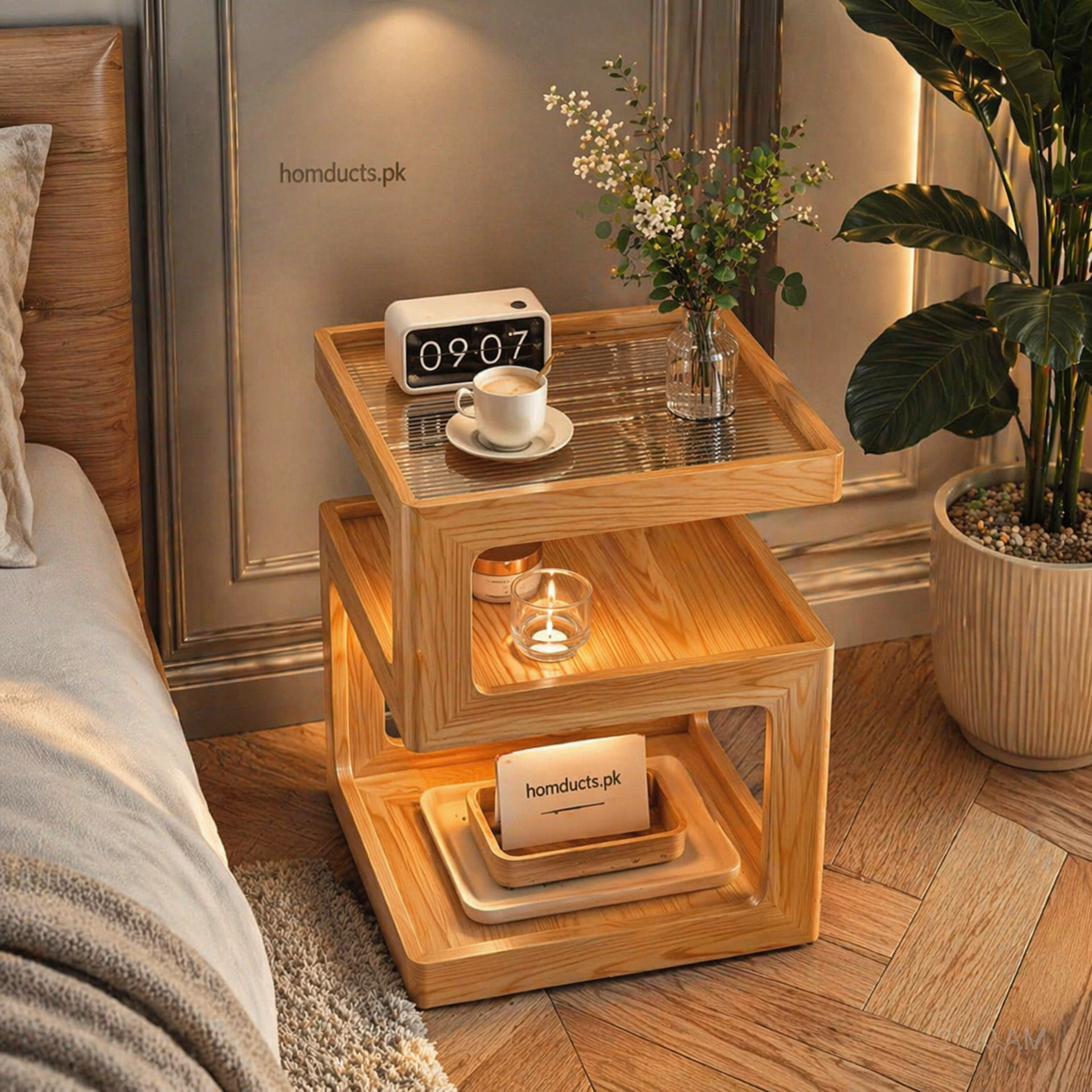 Luxury Multi-Tier Wooden Side Table with Storage Shelf – Modern Bedside Organizer & Living Room Accent Table