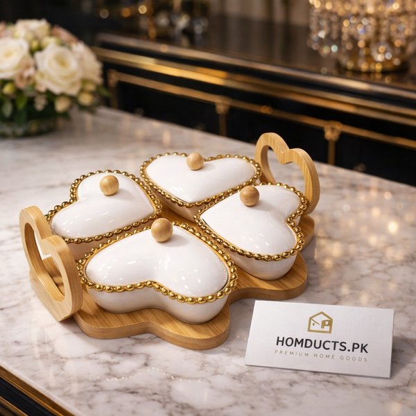 Luxury Heart-Shaped Ceramic Snack & Dry Fruit Serving Set with Bamboo Tray – 4 Pcs | Homducts.pk