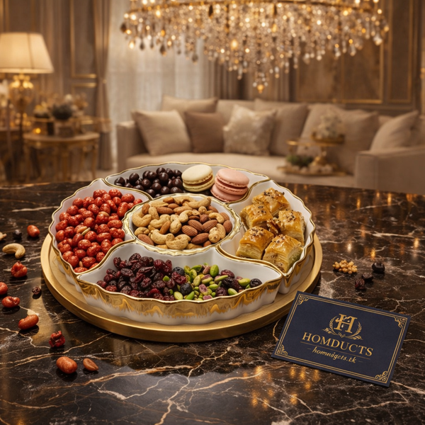 Luxury Ceramic Snack & Dry Fruit Serving Tray with Wooden Base – 5 Section Elegant Platter | Homducts.pk