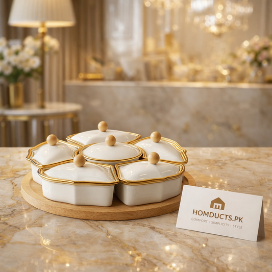 Luxury 5-Compartment Porcelain Dessert Serving Tray with Wooden Base