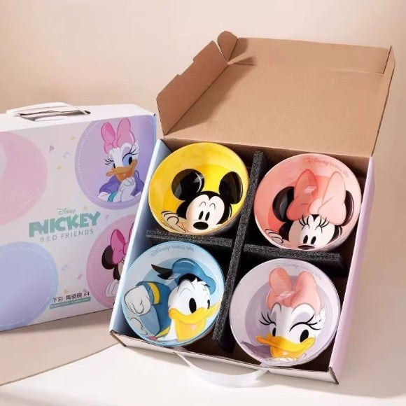 Original Disney Cartoon Character Ceramic Bowl Set – Mickey, Minnie & Donald Premium Serving Bowls (4 Pcs)