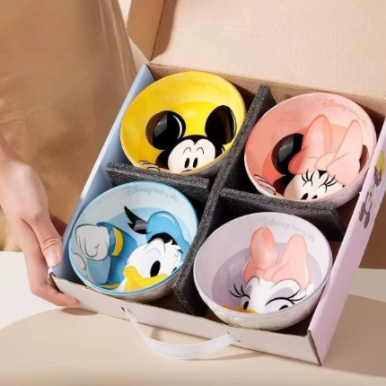 Original Disney Cartoon Character Ceramic Bowl Set – Mickey, Minnie & Donald Premium Serving Bowls (4 Pcs)