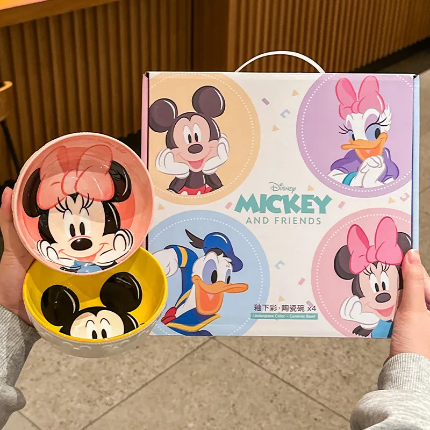 Original Disney Cartoon Character Ceramic Bowl Set – Mickey, Minnie & Donald Premium Serving Bowls (4 Pcs)