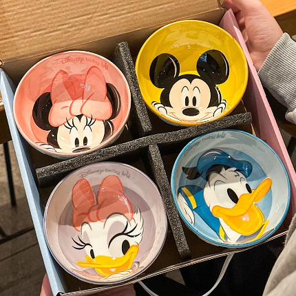 Original Disney Cartoon Character Ceramic Bowl Set – Mickey, Minnie & Donald Premium Serving Bowls (4 Pcs)