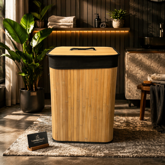 Premium Foldable Bamboo Laundry Basket with Lid & Handles – Luxury Clothes Storage Organizer
