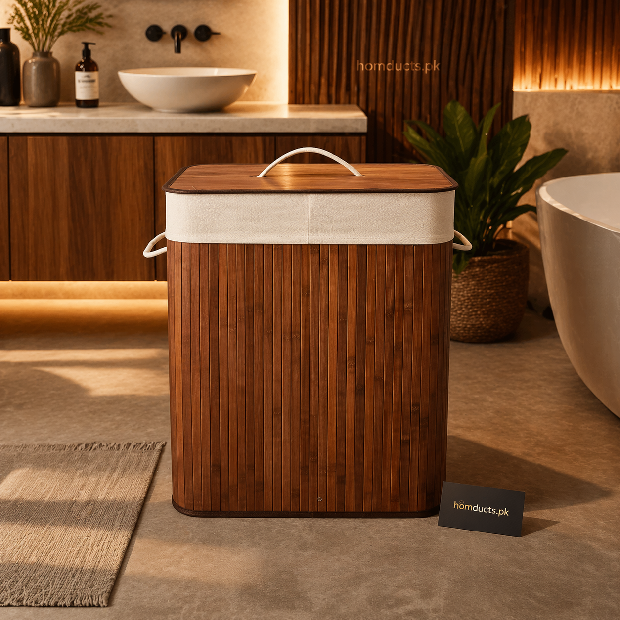 Premium Dual Compartment Bamboo Laundry Basket with Lid – Foldable Clothes Organizer Hamper (Lights & Darks Separator)