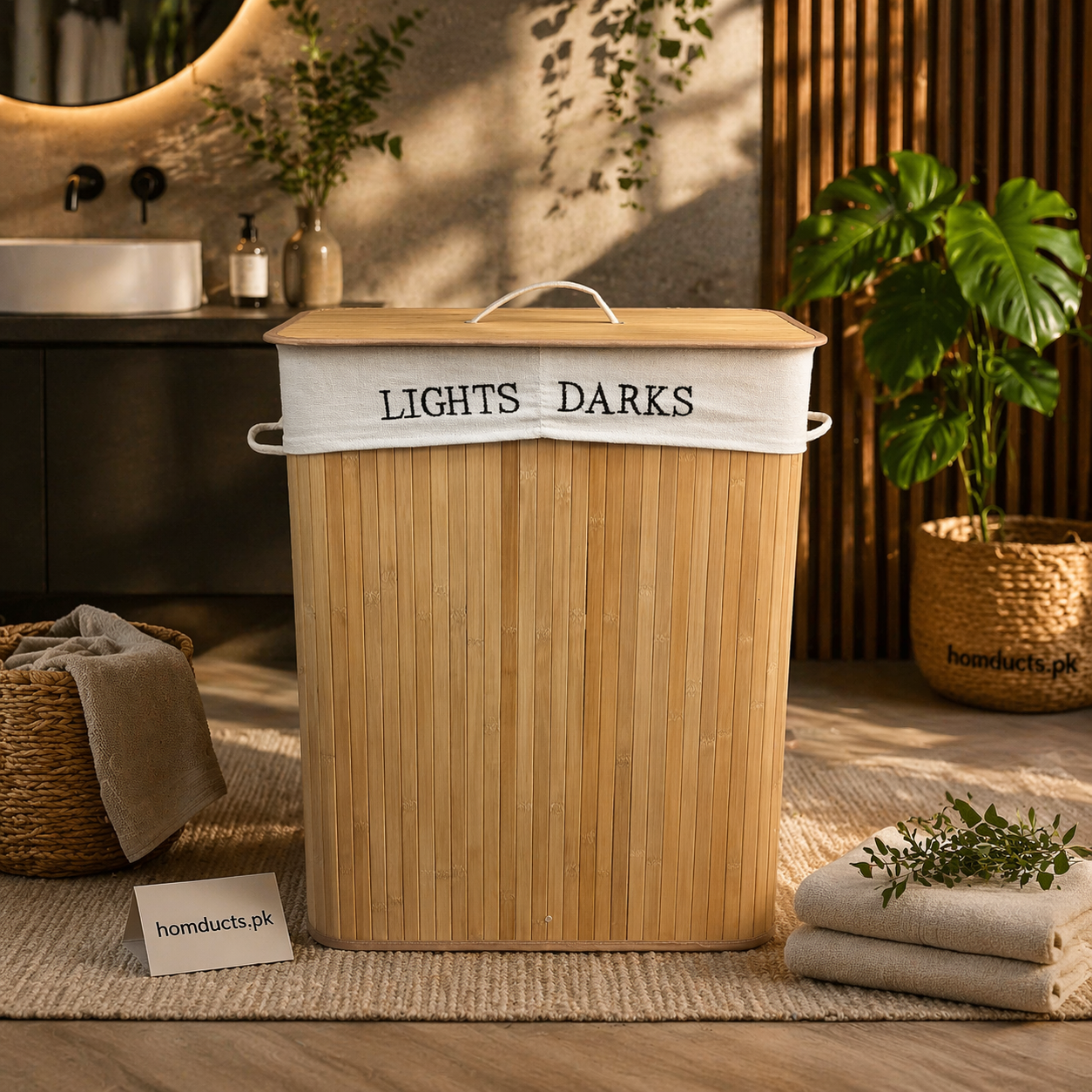 Luxury Bamboo Dual Compartment Laundry Basket with Lid – Foldable Clothes Organizer Hamper (Lights & Darks Separator)