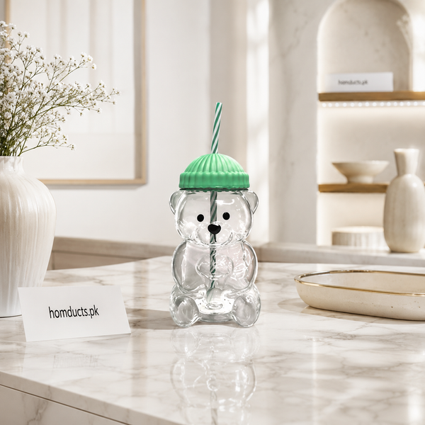 Bear Shape Glass Drinking Cup with Straw & Lid | Cute Teddy Bear Tumbler